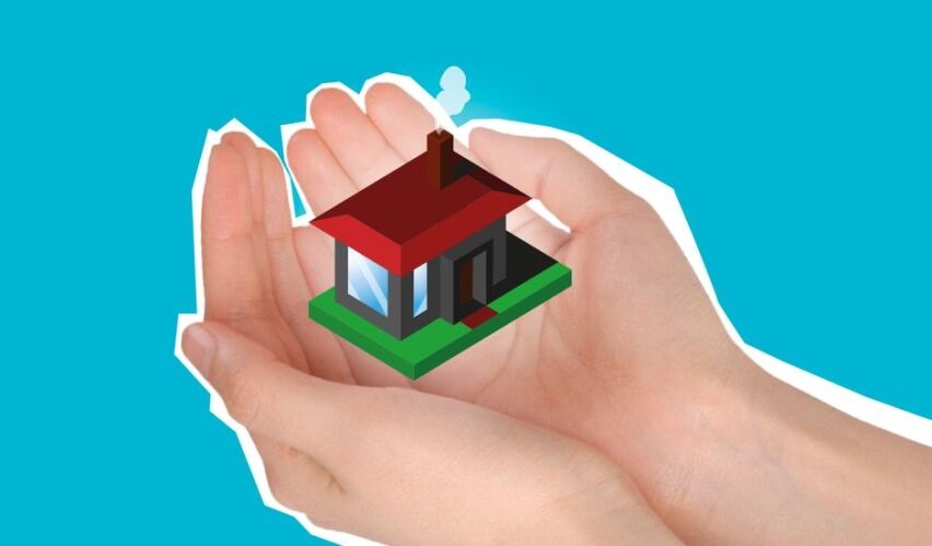 Minimalist photo showing a hand taking a large portion of cash from on top of a small architectural model of a house, symb...