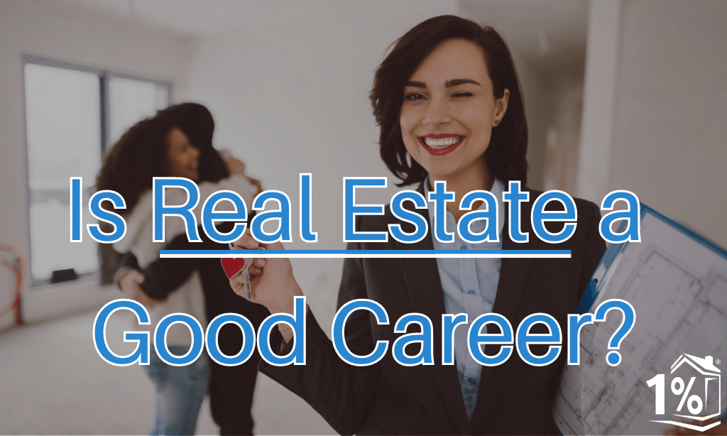 A real estate agent winking to the camera while two clients celebrate their new home