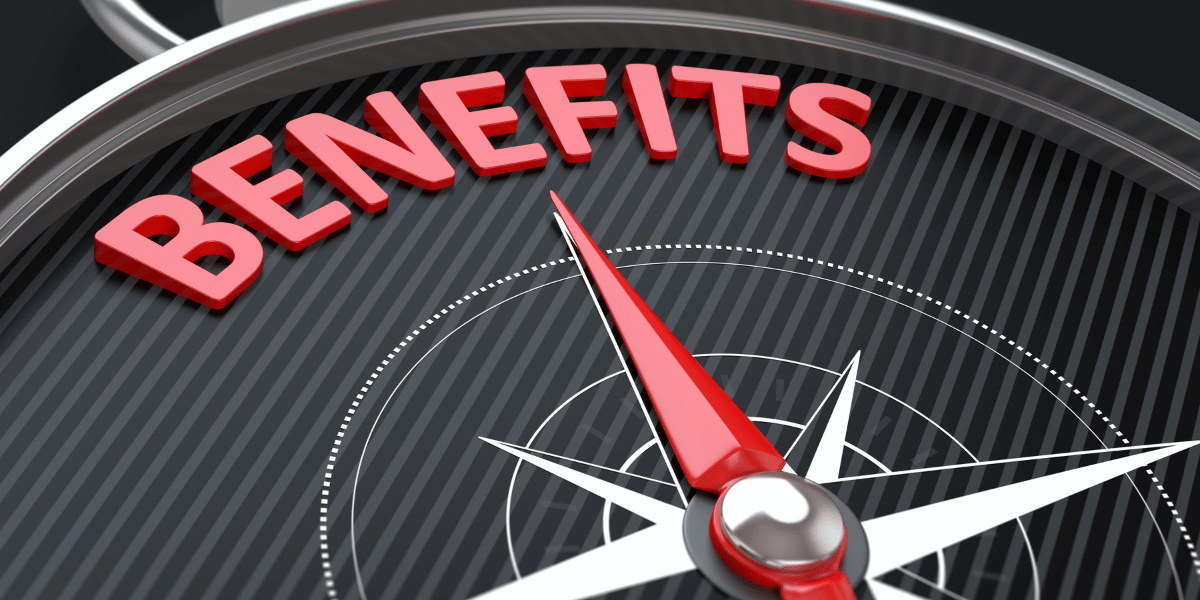A compass pointing north to the word benefits