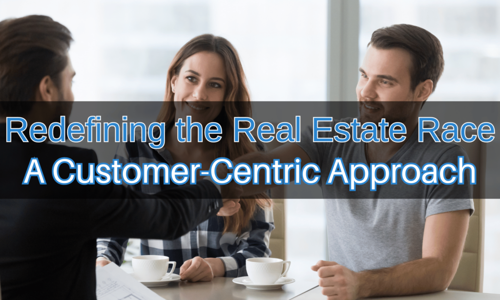 A couple seated across the desk from a real estate professional, shaking hands, representing a customer-centric approach