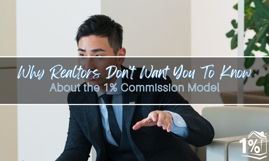 Man in business attire gesturing while discussing real estate, with overlay text promoting a blog about the 1% commission realtor model.