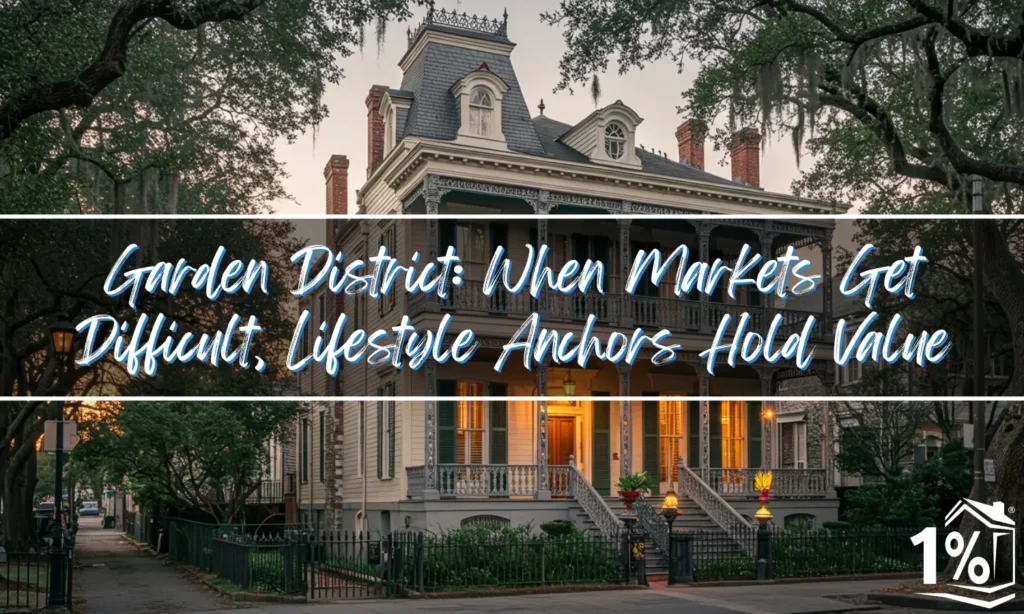 Historic Victorian mansion with ornate ironwork balconies and multiple chimneys in New Orleans Garden District, surrounded by oak trees with Spanish moss
