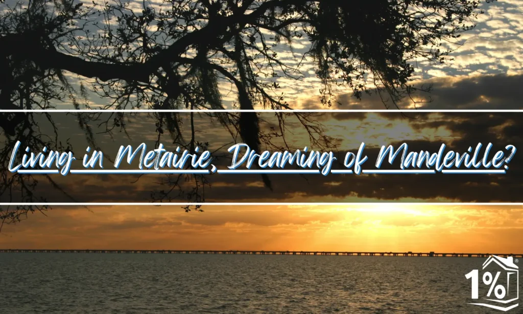 Sunset view across Lake Pontchartrain from Mandeville showing the Causeway Bridge, representing the scenic Northshore lifestyle families dream of when considering a move from Metairie