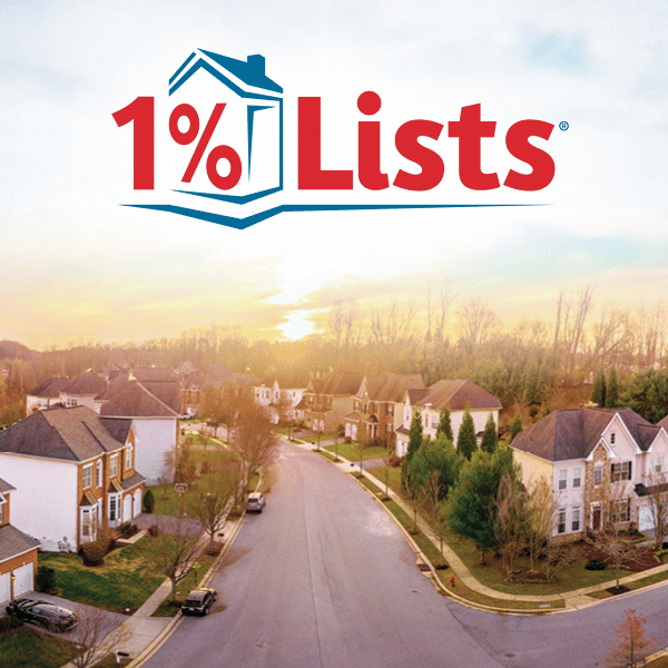 An aerial view of a neighborhood of beautiful homes, with the 1 Percent Lists logo