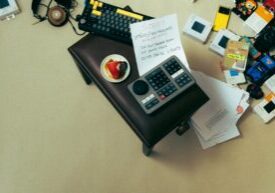 Person in professional attire sits at a clean, modern desk, using a calculator next to a set of house keys, symbolizing fi...