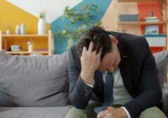 Person with a concerned expression sits at a modern desk, meticulously reviewing a real estate contract and financial docu...