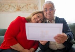 Thoughtful senior couple sits at a bright kitchen table, reviewing financial papers, representing the stress of managing h...
